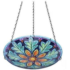 MUMTOP 12 in. Hanging Glass Bird Bath Bird Feeder Blue for Garden & Patio Decor